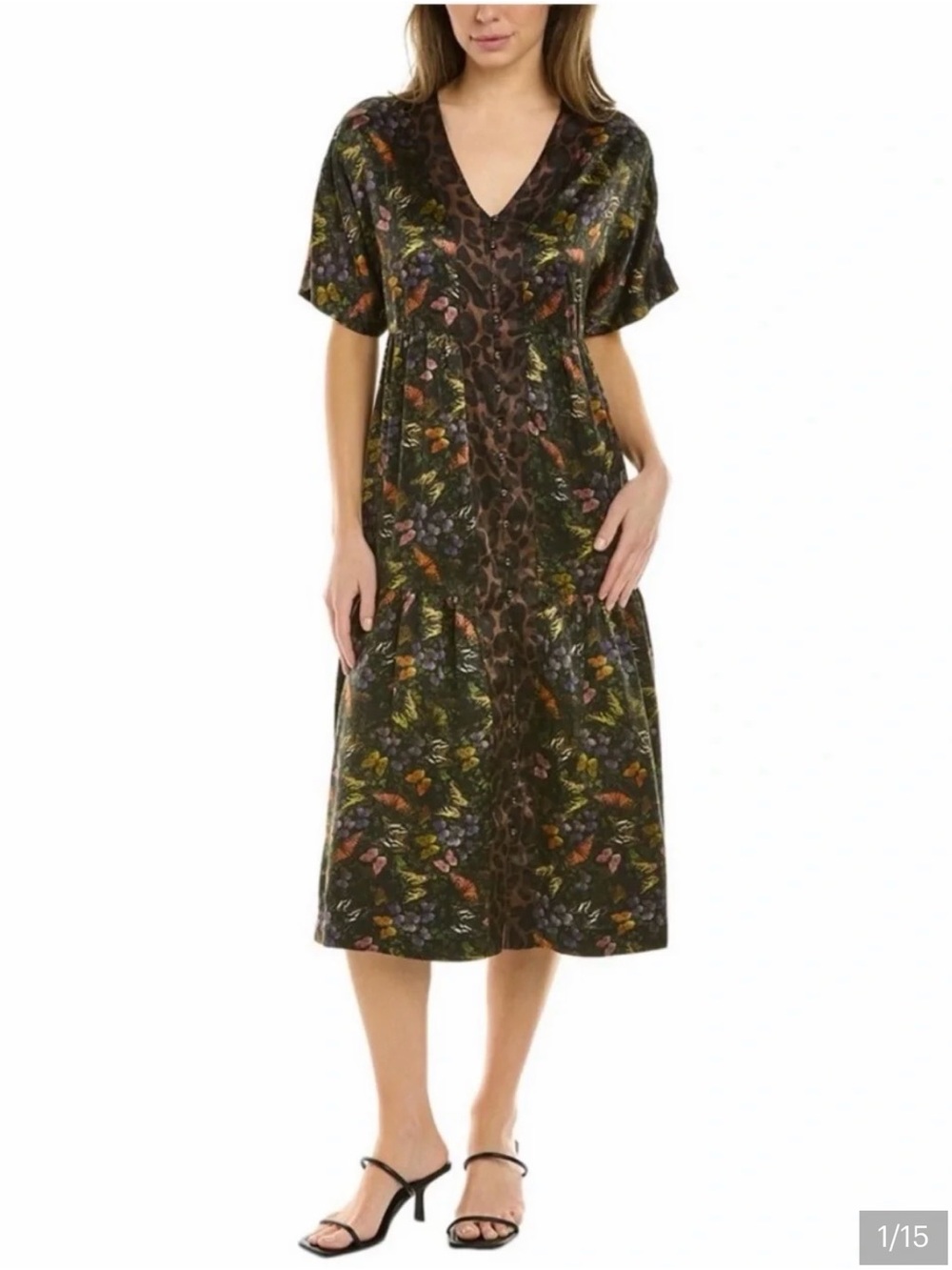 Johnny Was Olive Green Floral butterfly Midi silk Dress